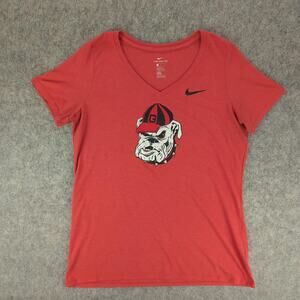 Georgia Bulldogs Shirt Womens Large Red Nike V Neck Mascot Graphic NCAA Tee